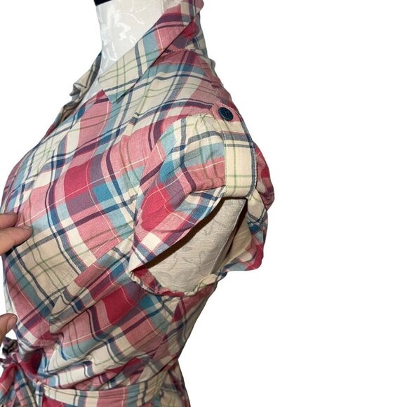 J Peterman Vintage Midi Dress Size 6 Pink Blue Cream Plaid Cotton Matching Belt - Picture 6 of 15
